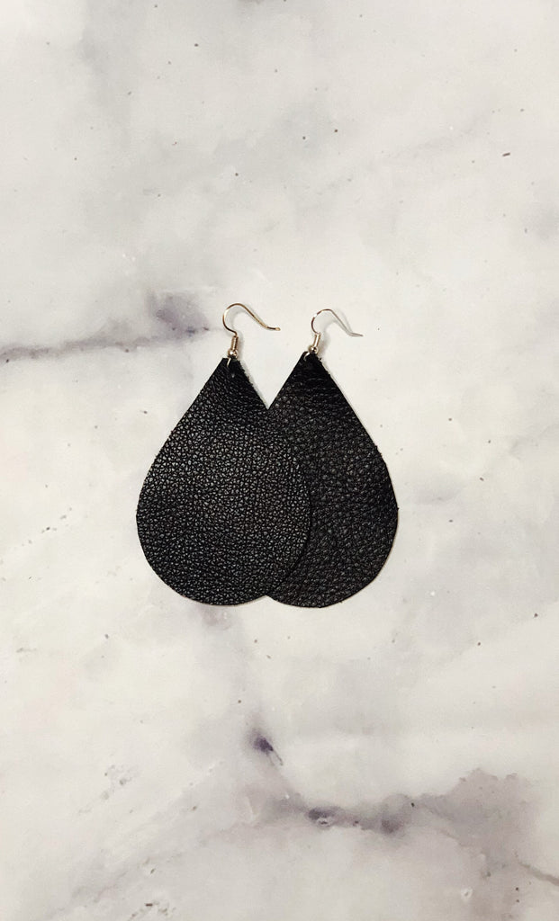 Black Leather Earrings- Large Teardrop