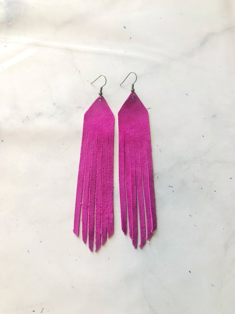Purple Fringe Leather Earrings