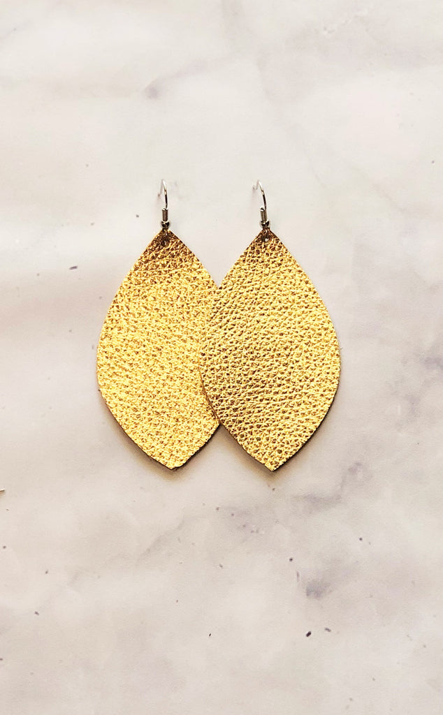Metallic Gold Leather Earrings- Leaf