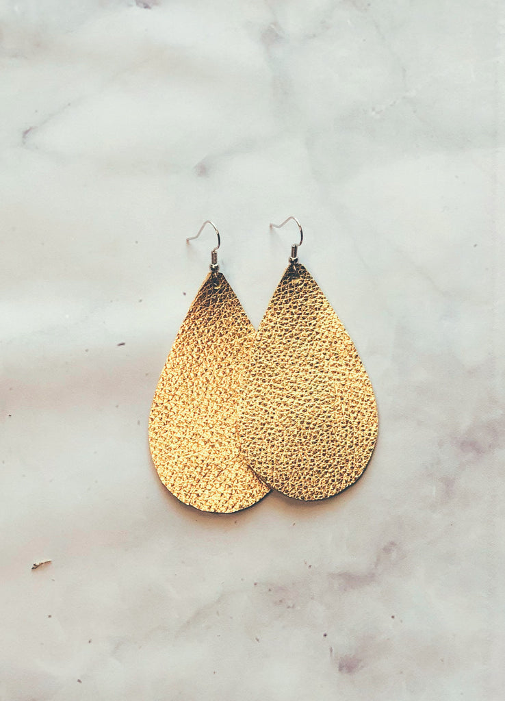 Metallic Gold Leather Earrings- Medium Egg