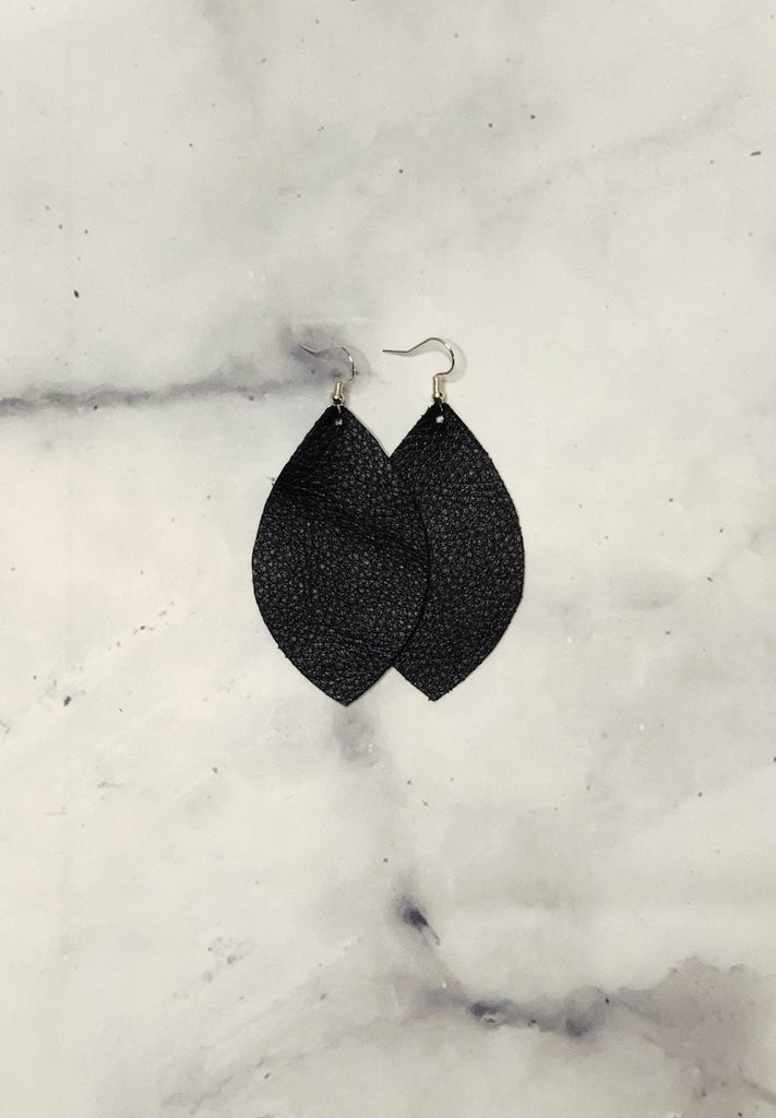 Black Leather Earrings- Leaf